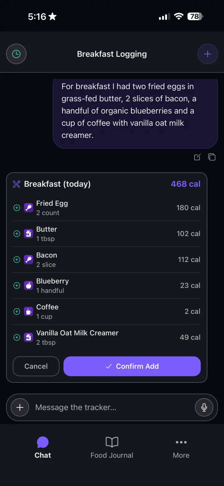 FitChat — logging a breakfast by chat, with the meal broken into items and calories