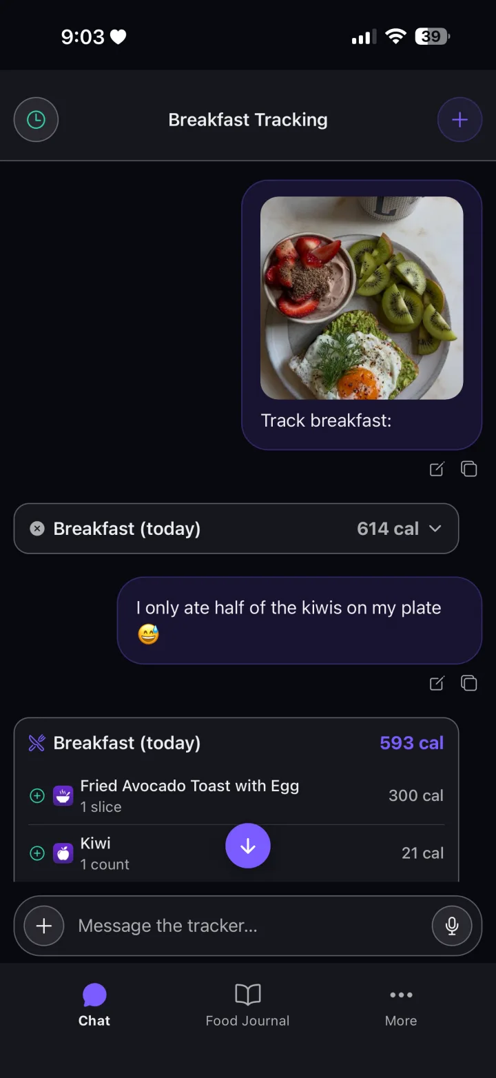 FitChat — correcting a photo-logged meal mid-chat with a follow-up reply