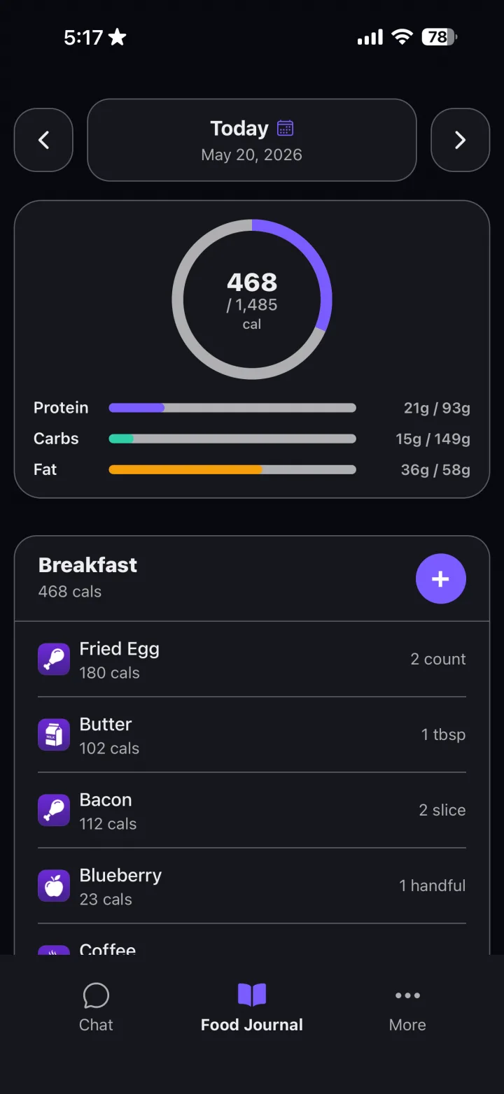 FitChat — the Food Journal showing a day's calorie ring, macro bars, and meal breakdown