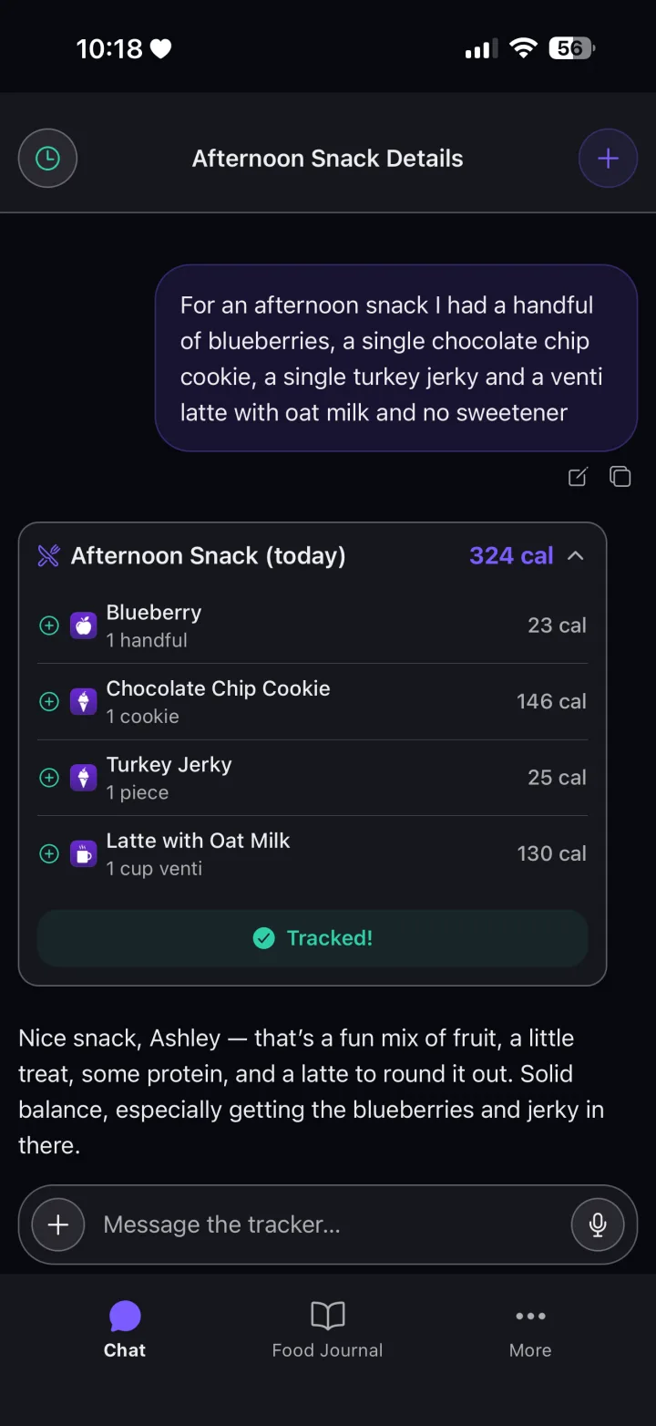 FitChat — a mixed afternoon snack logged from a plain description