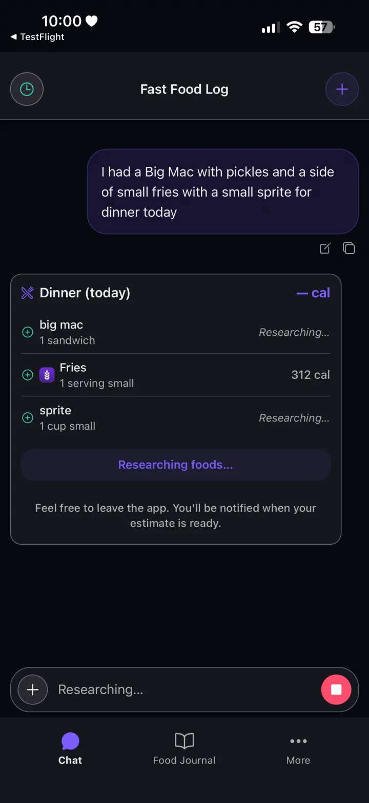 FitChat typed fast-food log for a Big Mac meal