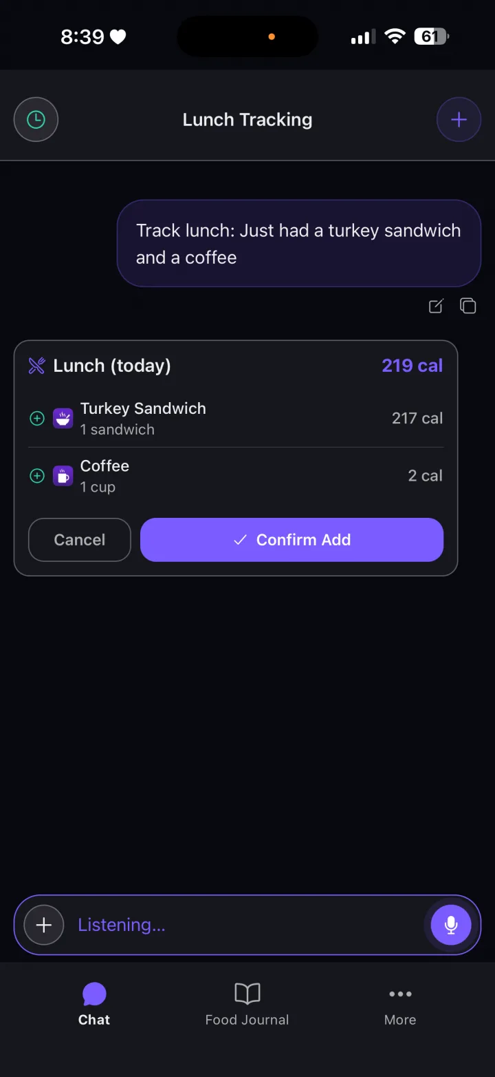 FitChat voice memo logging a turkey sandwich and coffee